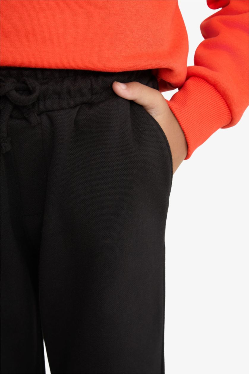 Erkek Çocuk - Genç Erkek Siyah Beli Lastikli Düz Paça Pike Eşofman Altı Erkek Çocuk