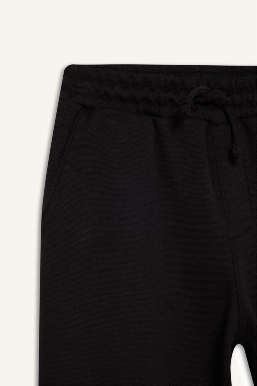 Erkek Çocuk - Genç Erkek Siyah Beli Lastikli Düz Paça Pike Eşofman Altı Erkek Çocuk