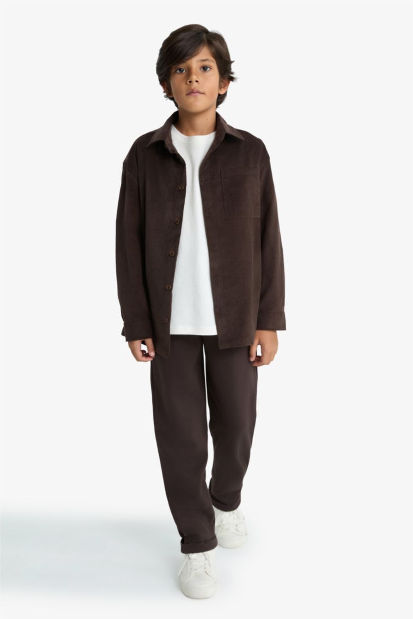 Erkek Çocuk - Genç Erkek Kahve Beli Lastikli Düz Paça Pike Eşofman Altı Erkek Çocuk