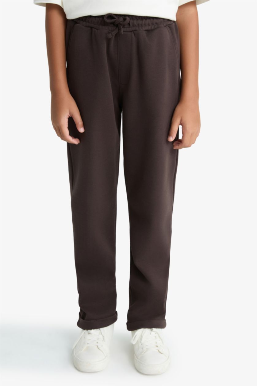 Erkek Çocuk - Genç Erkek Kahve Beli Lastikli Düz Paça Pike Eşofman Altı Erkek Çocuk