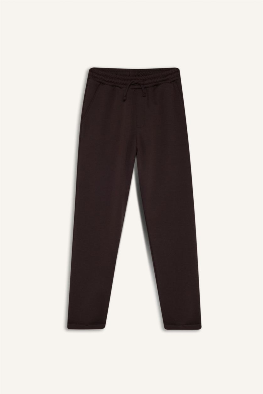 Erkek Çocuk - Genç Erkek Kahve Beli Lastikli Düz Paça Pike Eşofman Altı Erkek Çocuk