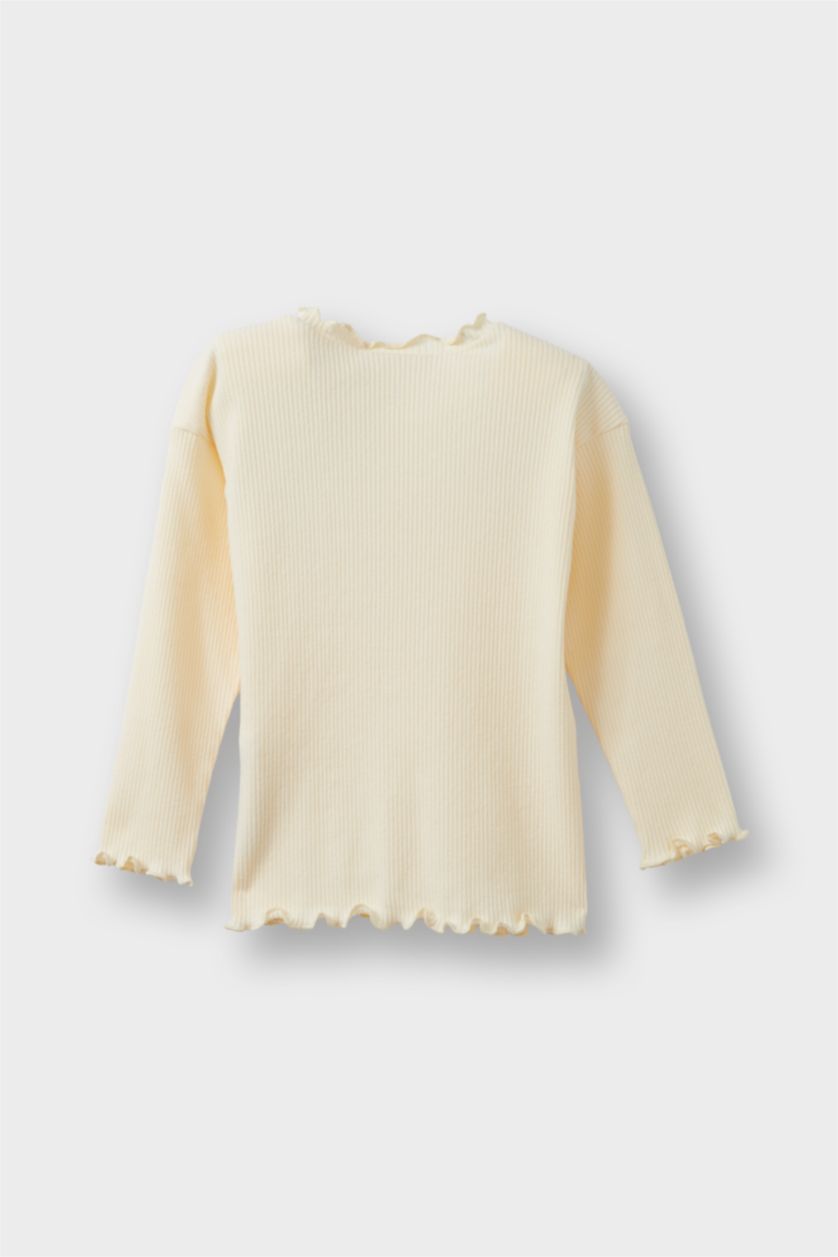 Kız Bebek Ekru Standart Fit Çiçekli Fitilli Kaşkorse Uzun Kollu Tişört Kız Bebek