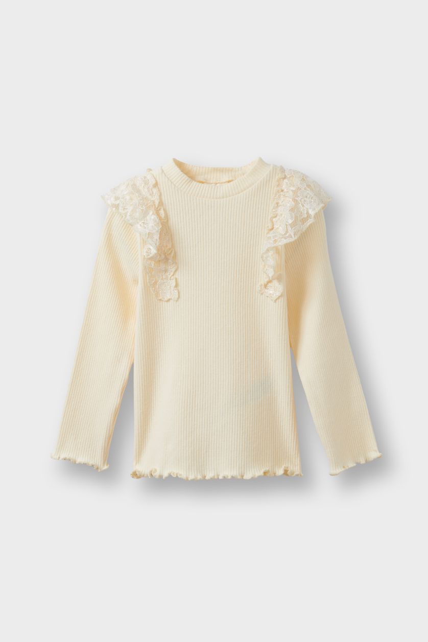 Kız Bebek Ekru Dantel Detaylı Fitilli Kaşkorse Uzun Kollu Tişört Kız Bebek