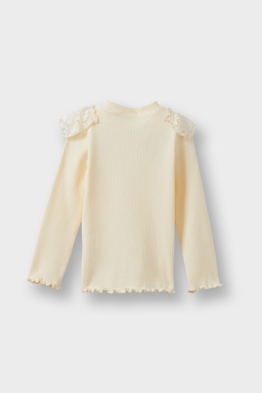 Kız Bebek Ekru Dantel Detaylı Fitilli Kaşkorse Uzun Kollu Tişört Kız Bebek