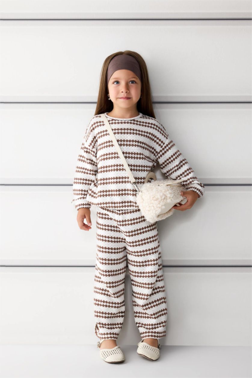 Kız Bebek Ekru Kız Bebek Bisiklet Yaka Çizgili Sweatshirt