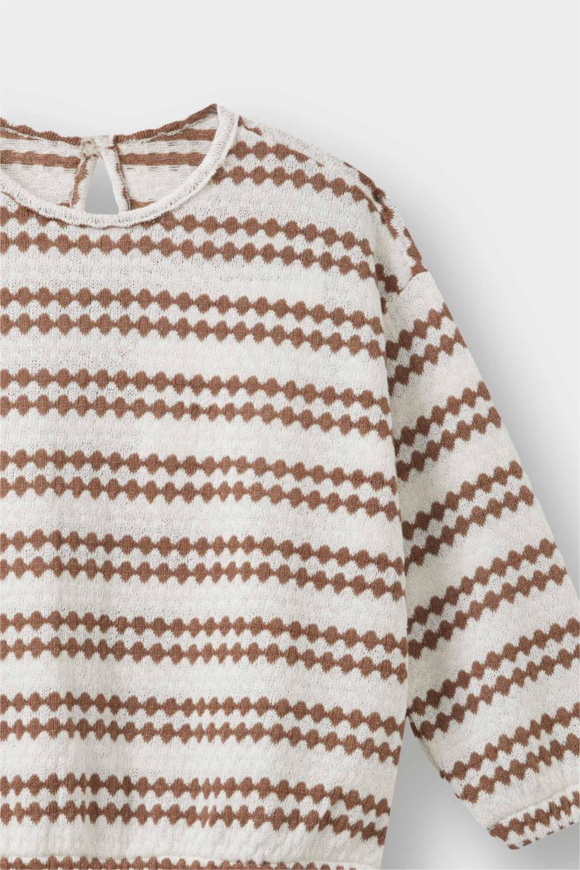 Kız Bebek Ekru Kız Bebek Bisiklet Yaka Çizgili Sweatshirt