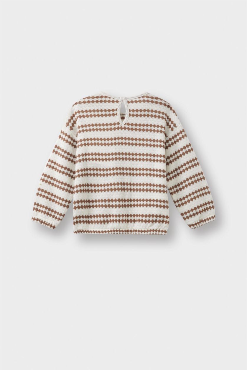 Kız Bebek Ekru Kız Bebek Bisiklet Yaka Çizgili Sweatshirt