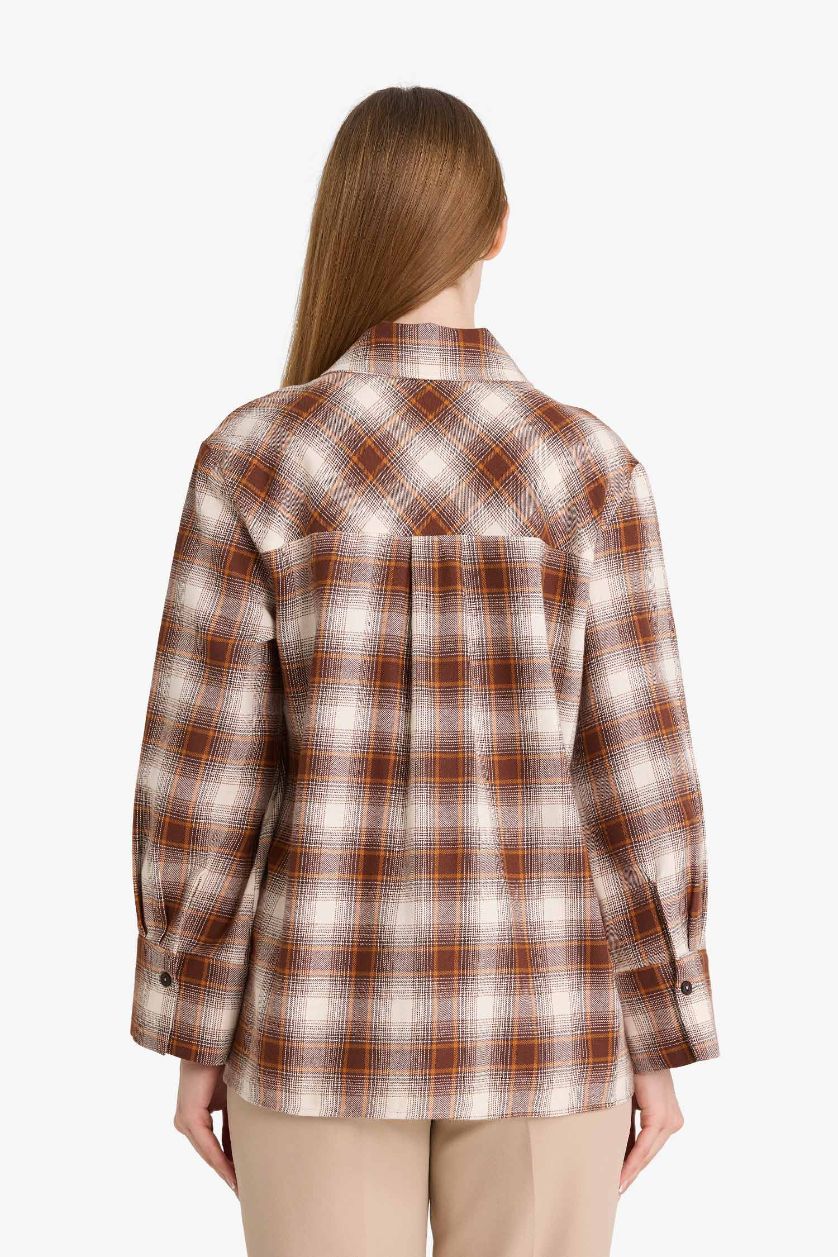 Kadın Kahve Regular Fit Dama Desenli Flanel Önden Bağlamalı Uzun Kollu Tunik