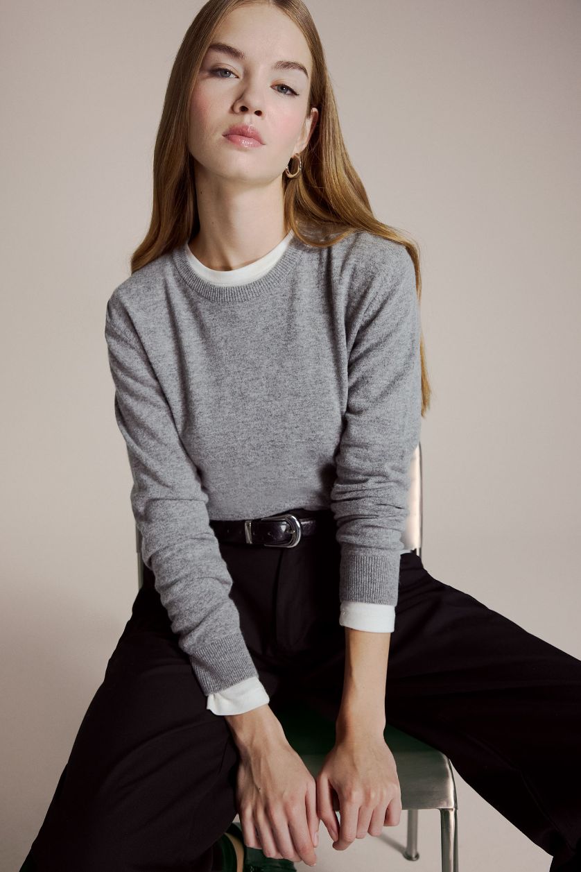 Kadın Gri Melanj Yün Karışımlı Bisiklet Yaka Triko Kazak