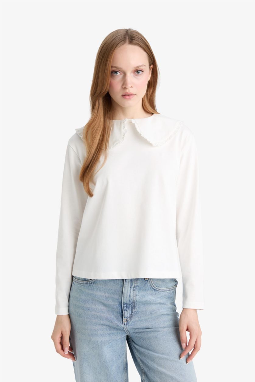 Kadın Ekru Relax Fit Bebe Yaka Uzun Kollu Tunik