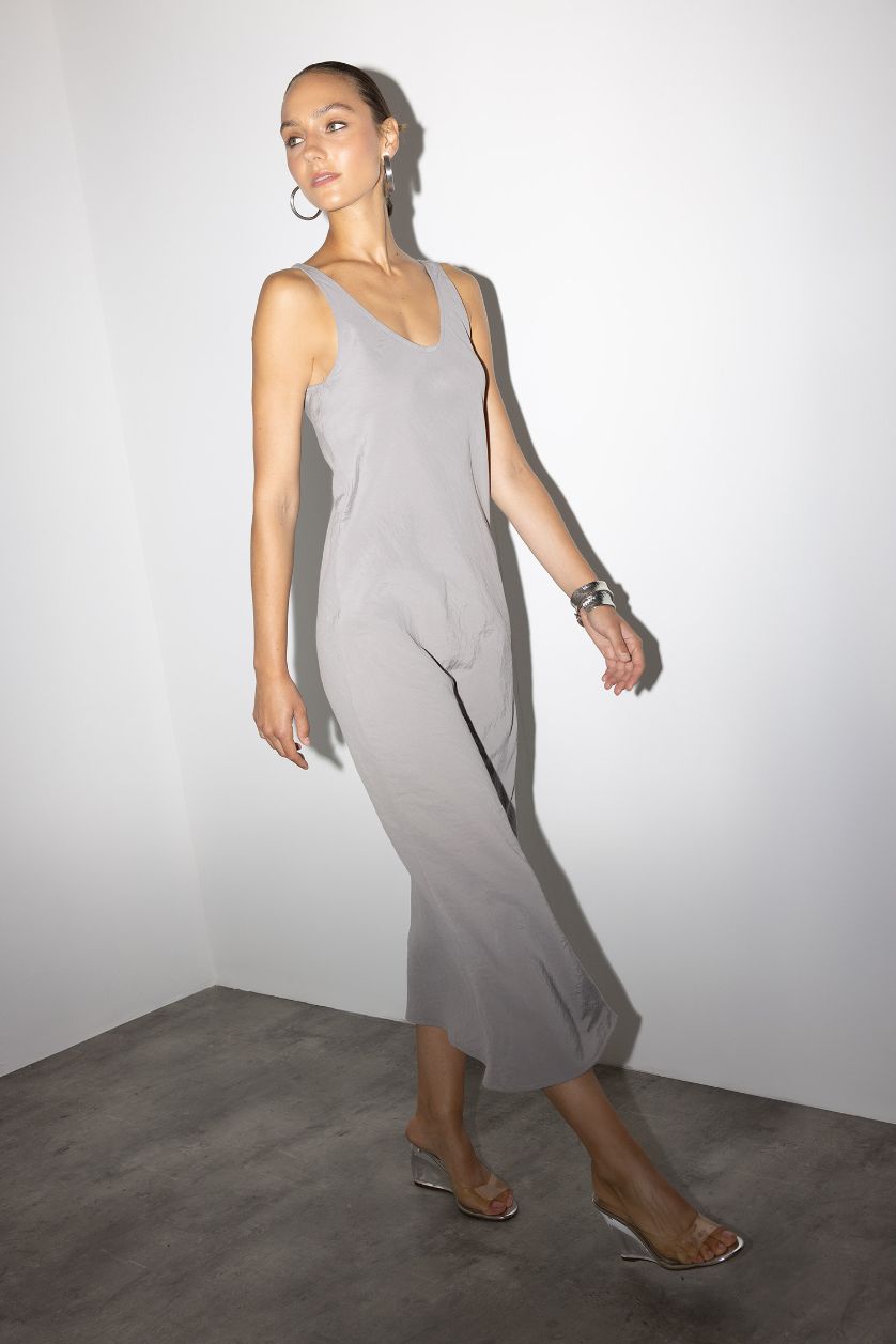Kadın Açık Gri V Yaka Modal Kolsuz Maxi Elbise