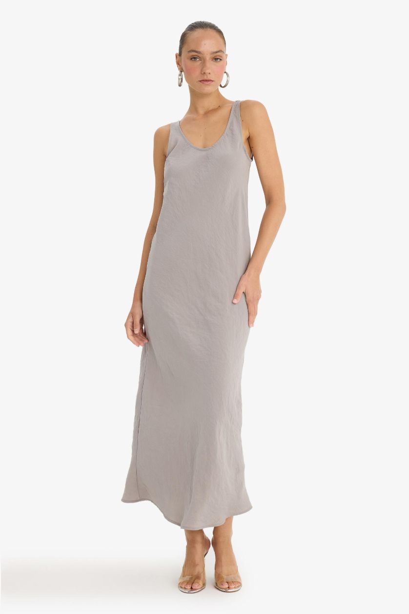 Kadın Açık Gri V Yaka Modal Kolsuz Maxi Elbise