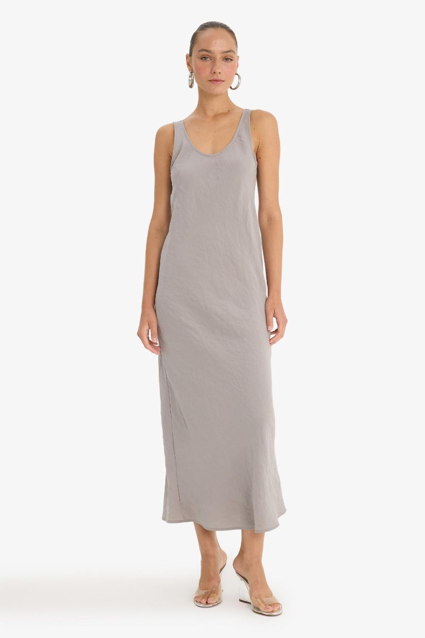 Kadın Açık Gri V Yaka Modal Kolsuz Maxi Elbise