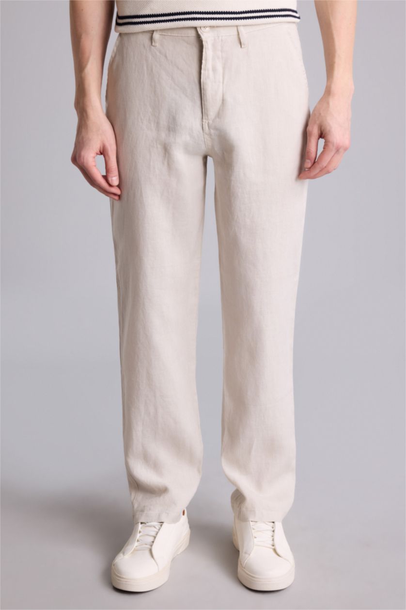 Erkek Açık Gri %100 Keten Relax Fit Pantolon