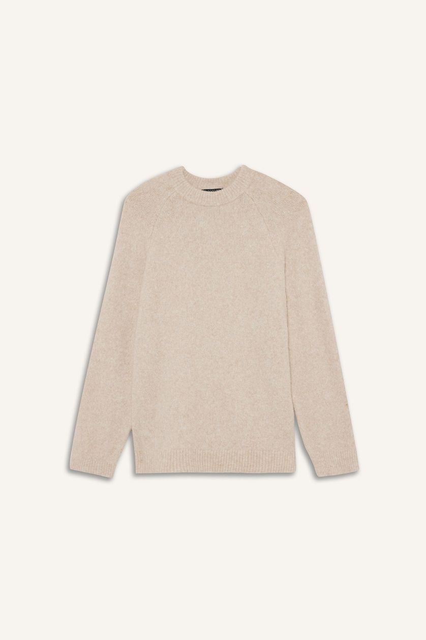 Kadın Ekru Yün Karışımlı Bisiklet Yaka Kalın Triko Kazak