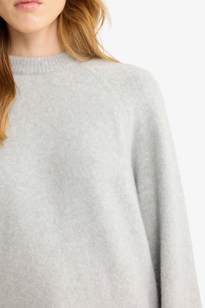 Женщины Серый Толстый свитер с круглым вырезом вязаный из шерстяной смеси