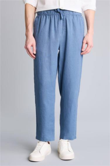 Men Light Indigo Relax Fit 100% Linen Trousers