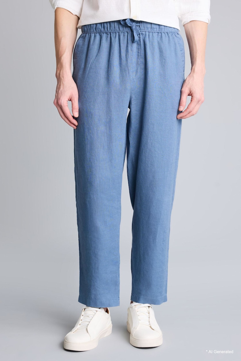 Erkek Açık İndigo Relaxed Fit %100 Keten Pantolon