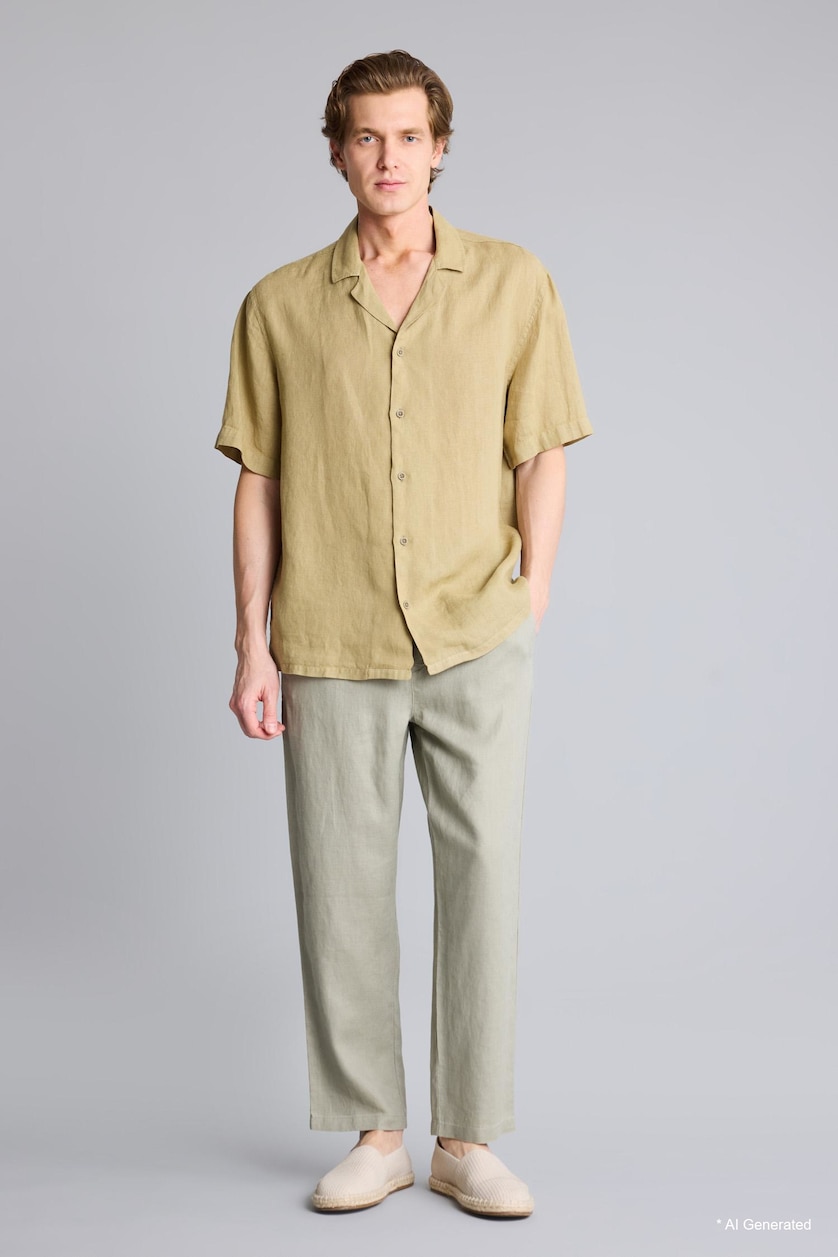 Erkek Haki Relaxed Fit %100 Keten Pantolon