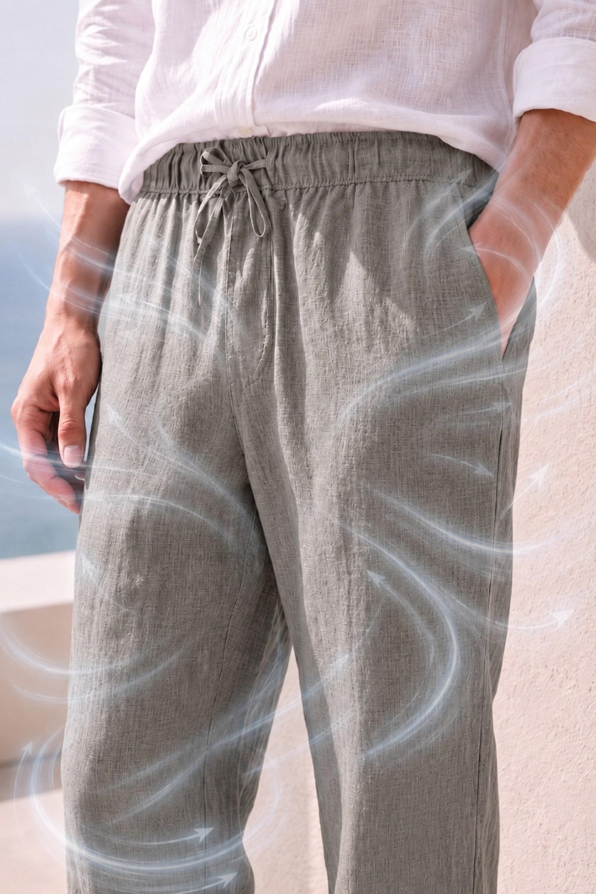 Erkek Meşe Yeşili %100 Keten Bol Kesim Pantolon