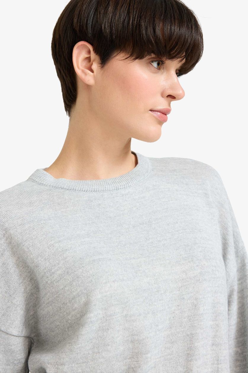 WOMAN Grey Melange Wool Blend Crew Neck Basic Knit Pullover