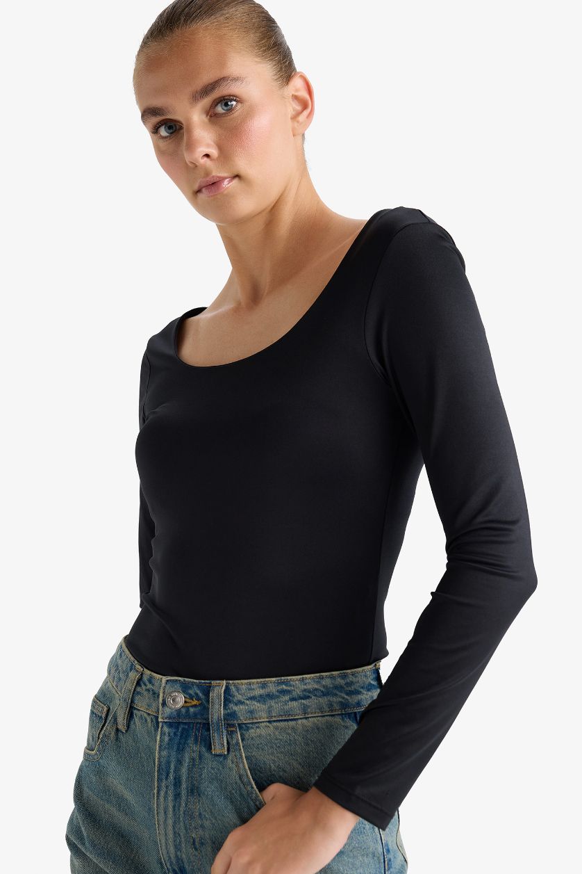 WOMAN Black Square Neck Long Sleeve Bodysuit