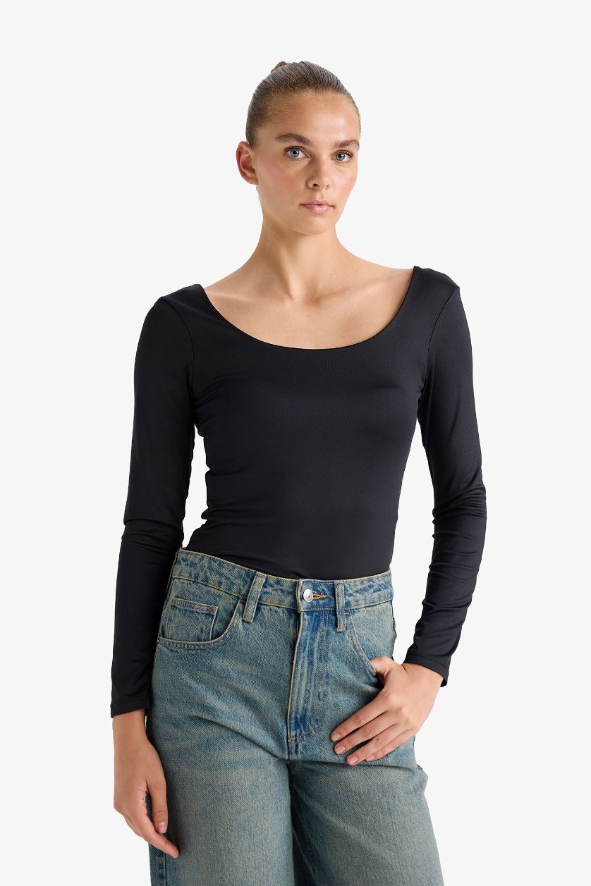 WOMAN Black Square Neck Long Sleeve Bodysuit