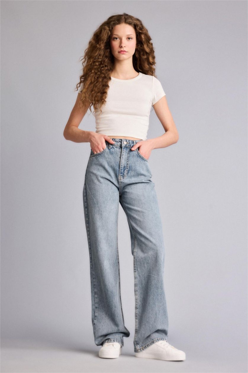 Kadın Mavi 90's Wıde Leg Yüksek Bel Uzun Jean Yıkamalı Pantolon