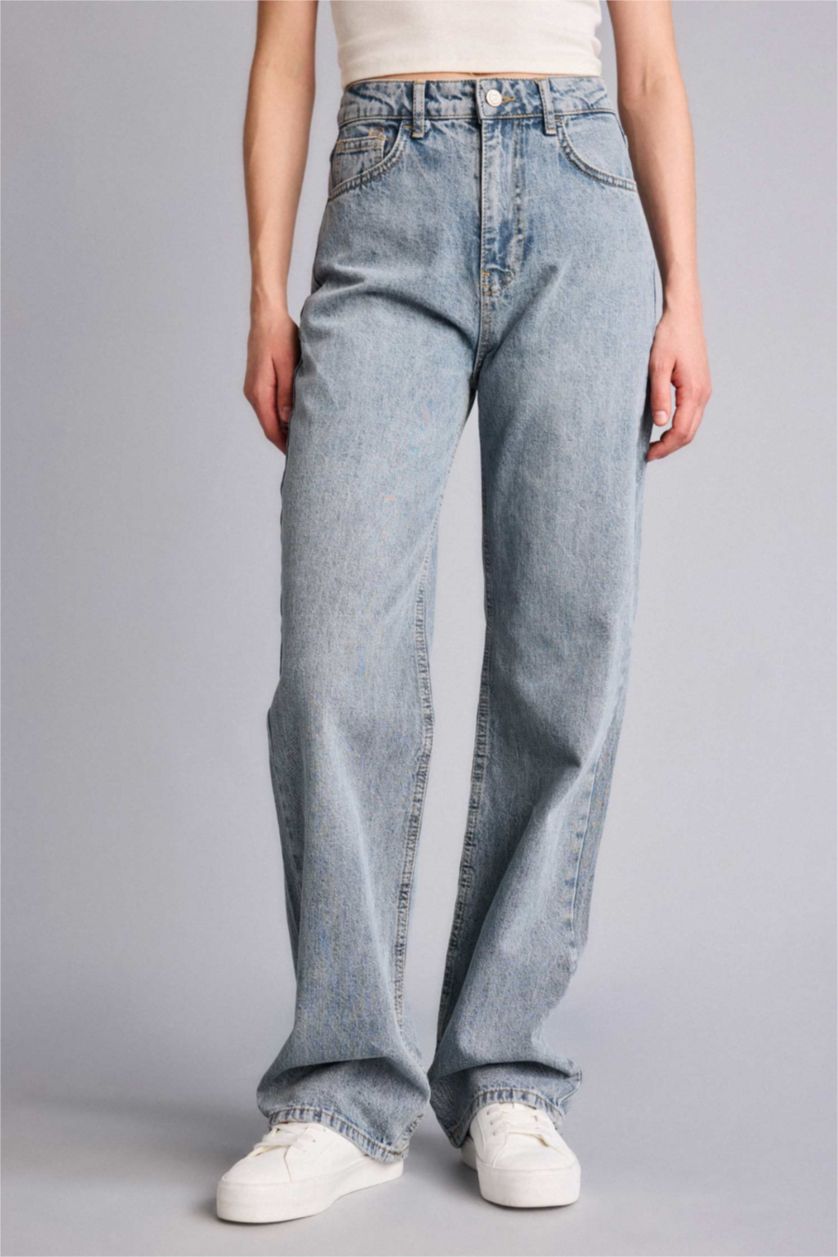 Kadın Mavi 90's Wıde Leg Yüksek Bel Uzun Jean Yıkamalı Pantolon