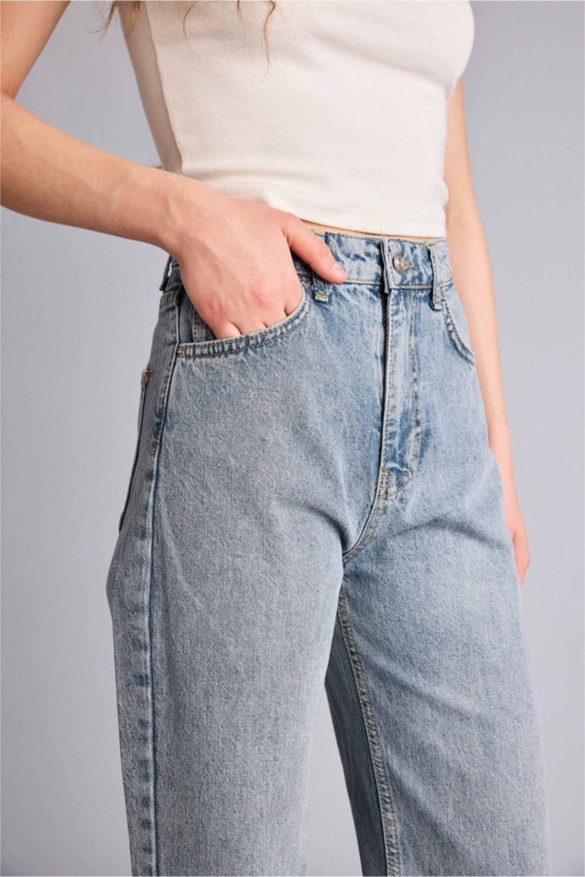 Kadın Mavi 90's Wıde Leg Yüksek Bel Uzun Jean Yıkamalı Pantolon