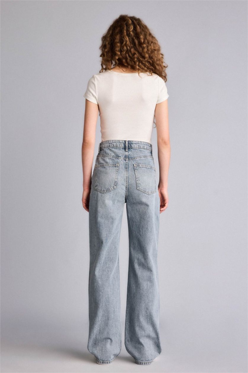 Kadın Mavi 90's Wıde Leg Yüksek Bel Uzun Jean Yıkamalı Pantolon