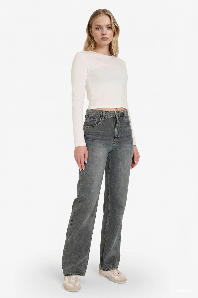 FEMME Bleu Foncé Jean 90's large taille haute
