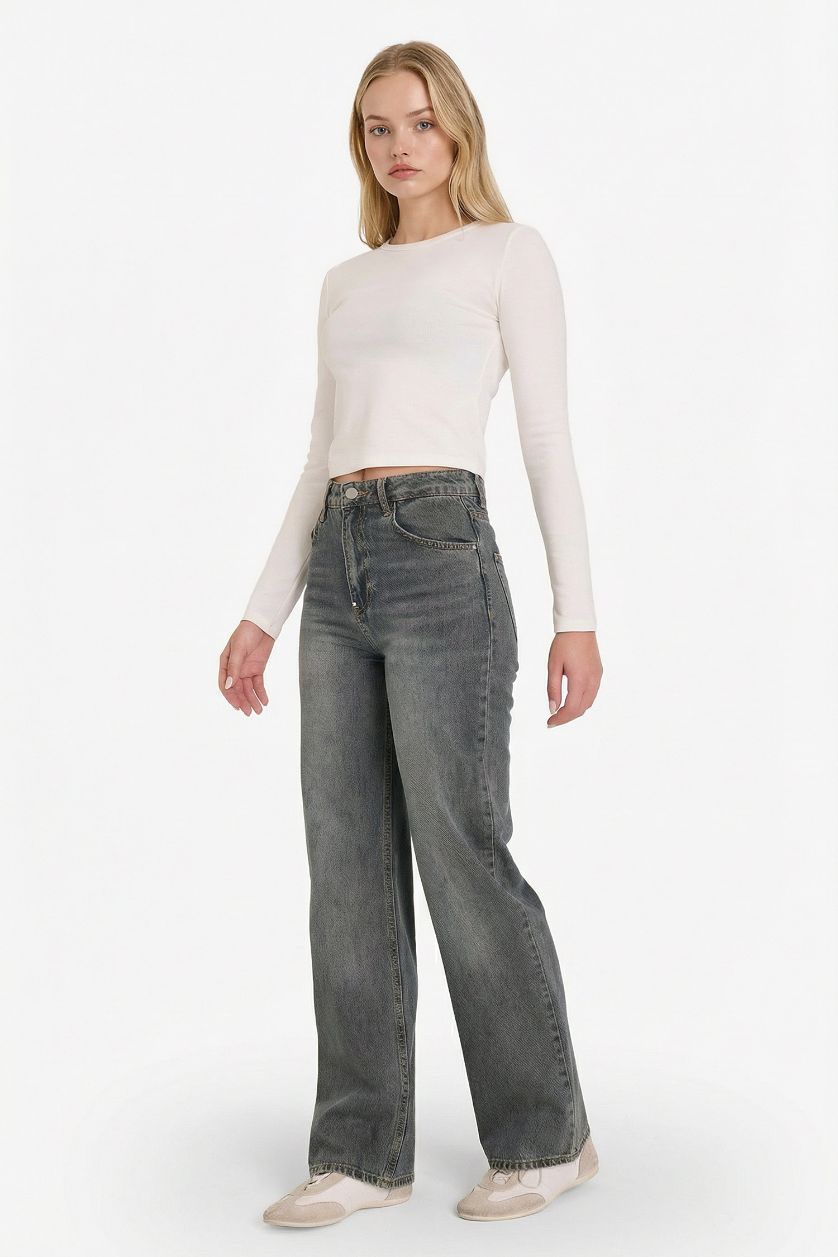 Kadın Koyu Mavi 90's Wıde Leg Yüksek Bel Uzun Jean Yıkamalı Pantolon