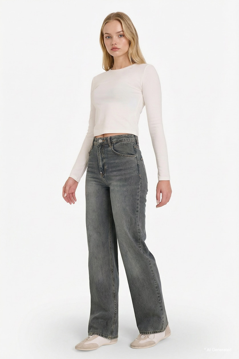 FEMME Bleu Foncé Jean 90's large taille haute