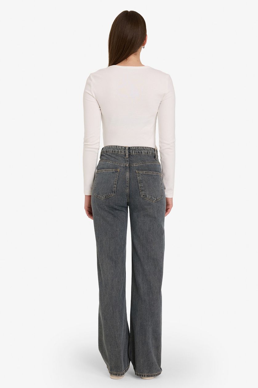 Kadın Koyu Mavi 90's Wıde Leg Yüksek Bel Uzun Jean Yıkamalı Pantolon