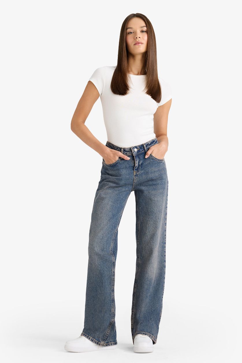 FEMME Bleu Foncé Jean long à taille basse effet délavé