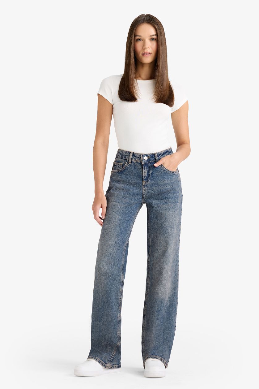 FEMME Bleu Foncé Jean long à taille basse effet délavé