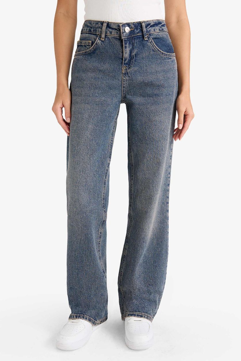 FEMME Bleu Foncé Jean long à taille basse effet délavé