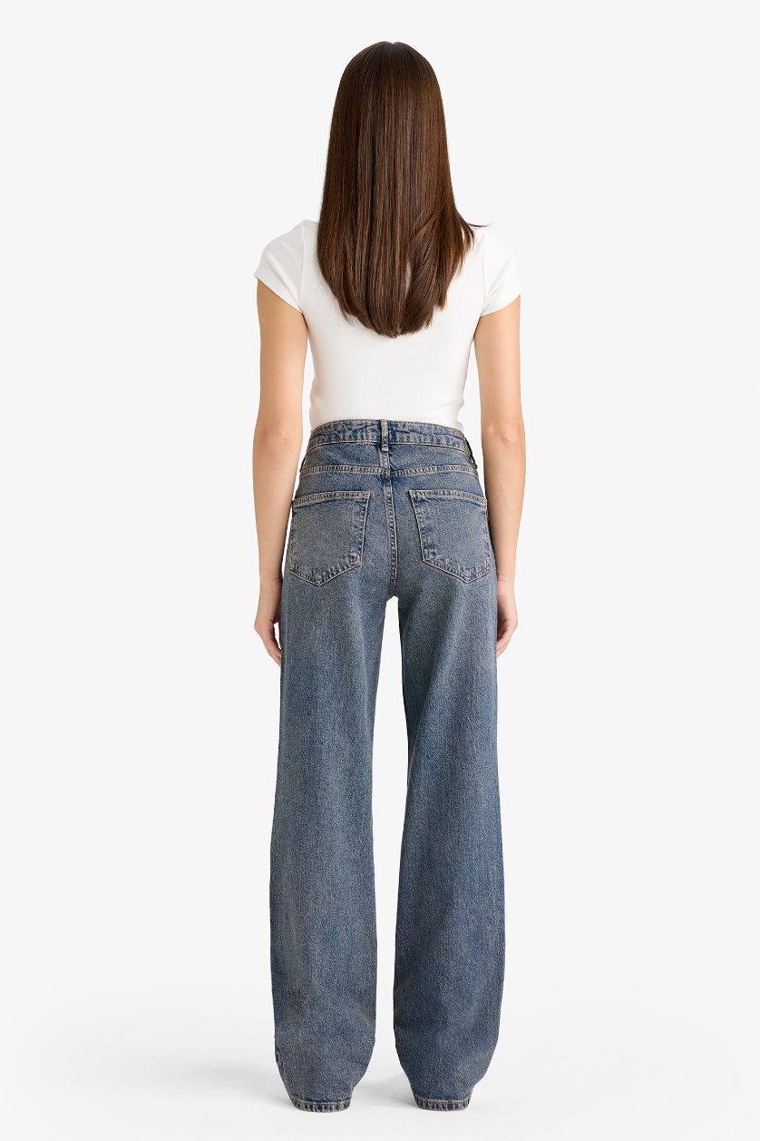 FEMME Bleu Foncé Jean long à taille basse effet délavé