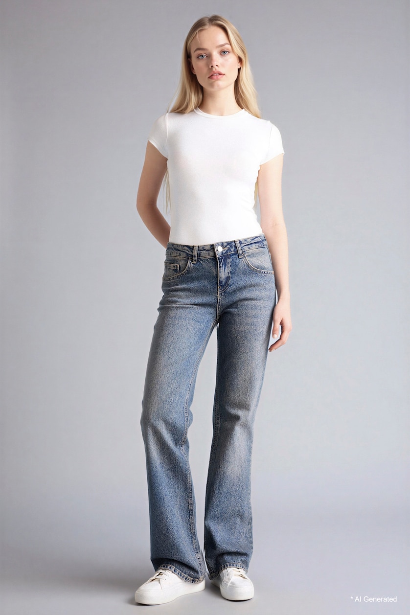 FEMME Bleu Jean délavé à taille basse