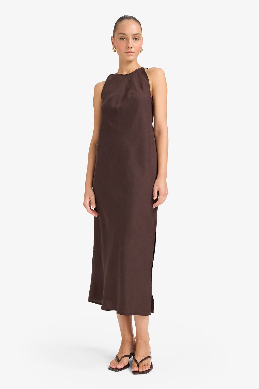 حريمي بني فستان كتان طويل نص كم بياقة مستديرة