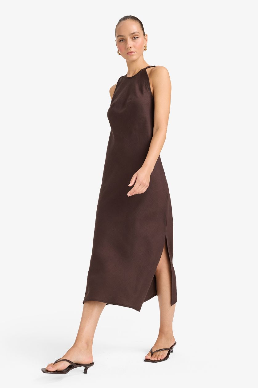 حريمي بني فستان كتان طويل نص كم بياقة مستديرة