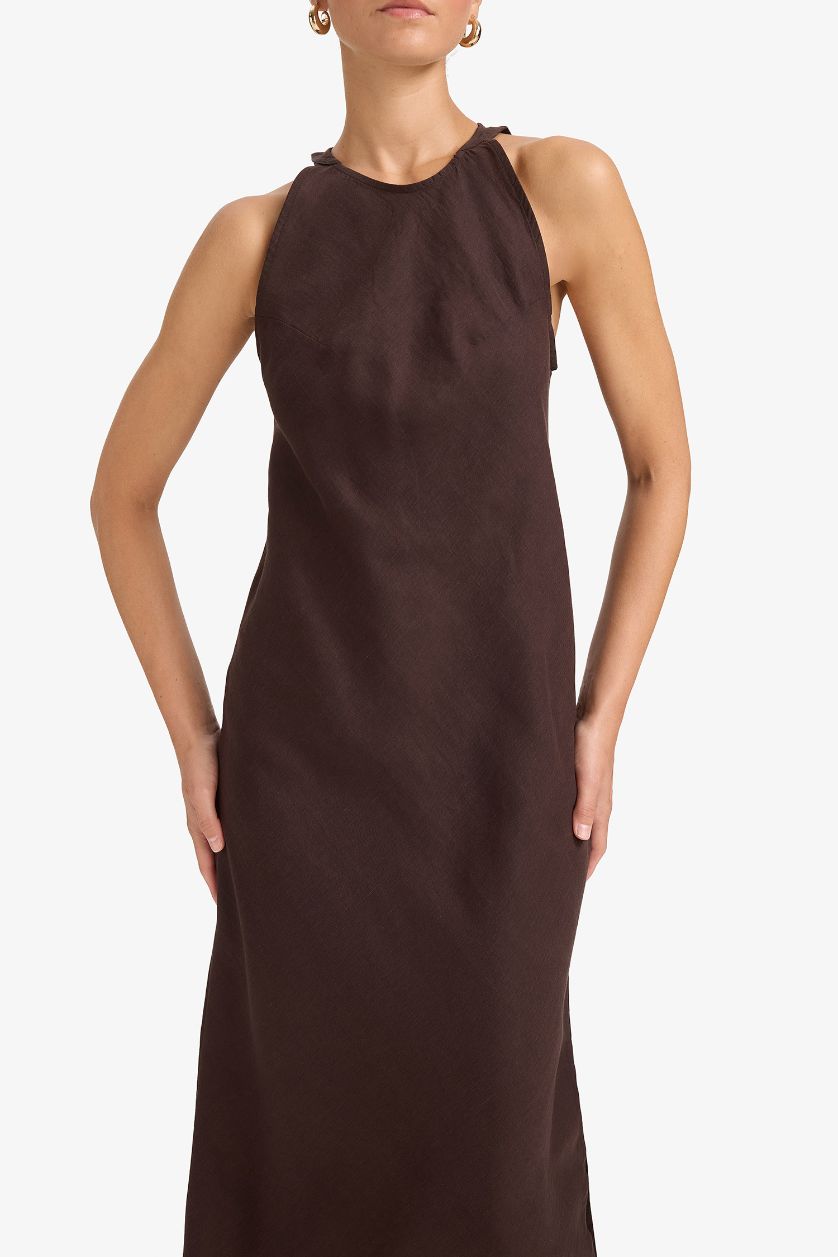 حريمي بني فستان كتان طويل نص كم بياقة مستديرة