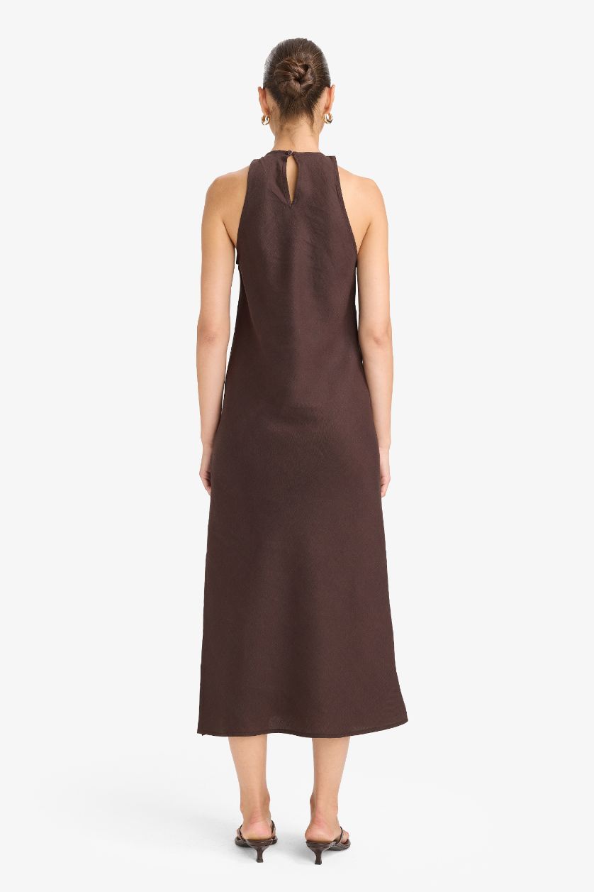 حريمي بني فستان كتان طويل نص كم بياقة مستديرة