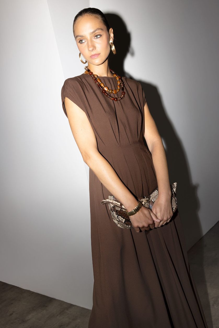 نساء بني فستان طويل ميدي من مزيج الكتان بياخة مستديرة