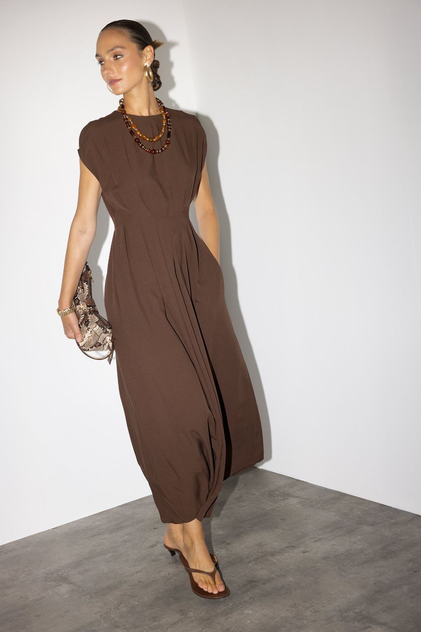 نساء بني فستان طويل ميدي من مزيج الكتان بياخة مستديرة