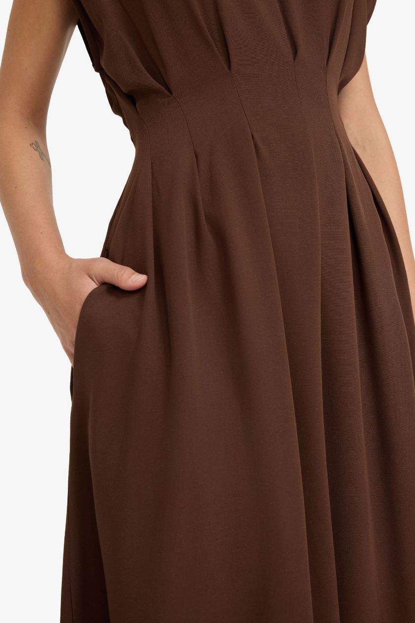 نساء بني فستان طويل ميدي من مزيج الكتان بياخة مستديرة
