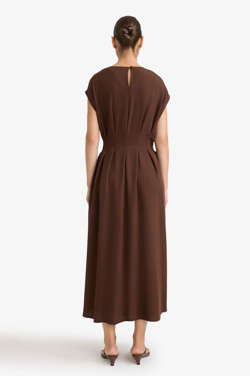 نساء بني فستان طويل ميدي من مزيج الكتان بياخة مستديرة