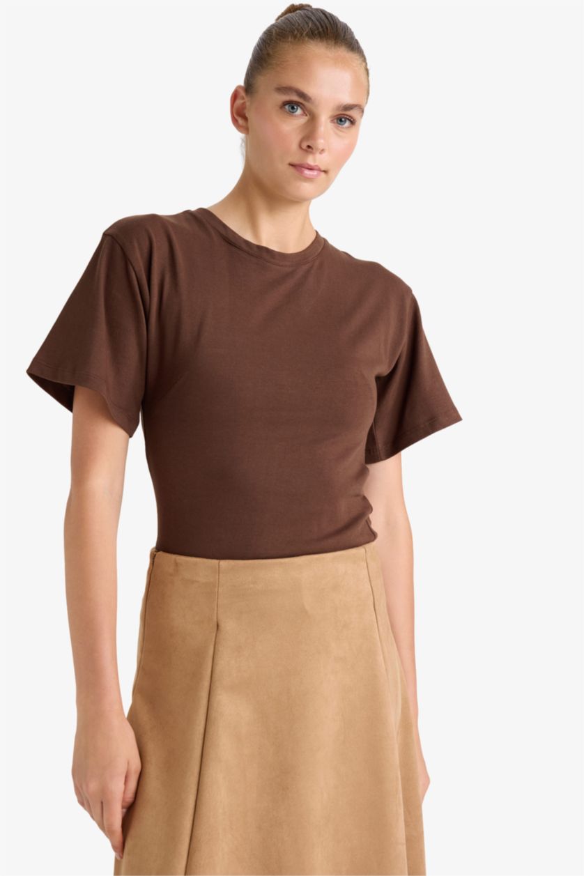 WOMAN Brown Slim Fit Skinny Crew Neck T-Shirt