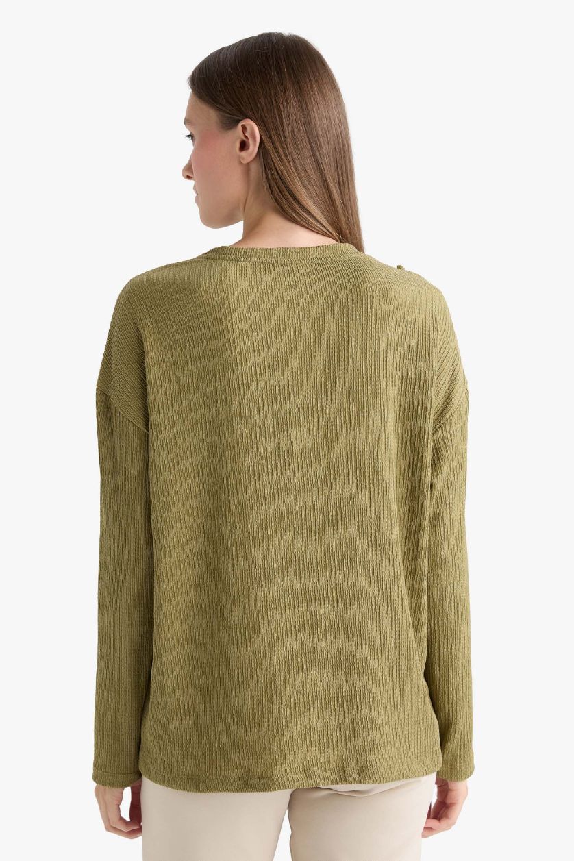 نساء كاكي Relax Fit Crew Neck Crepe T-Shirt